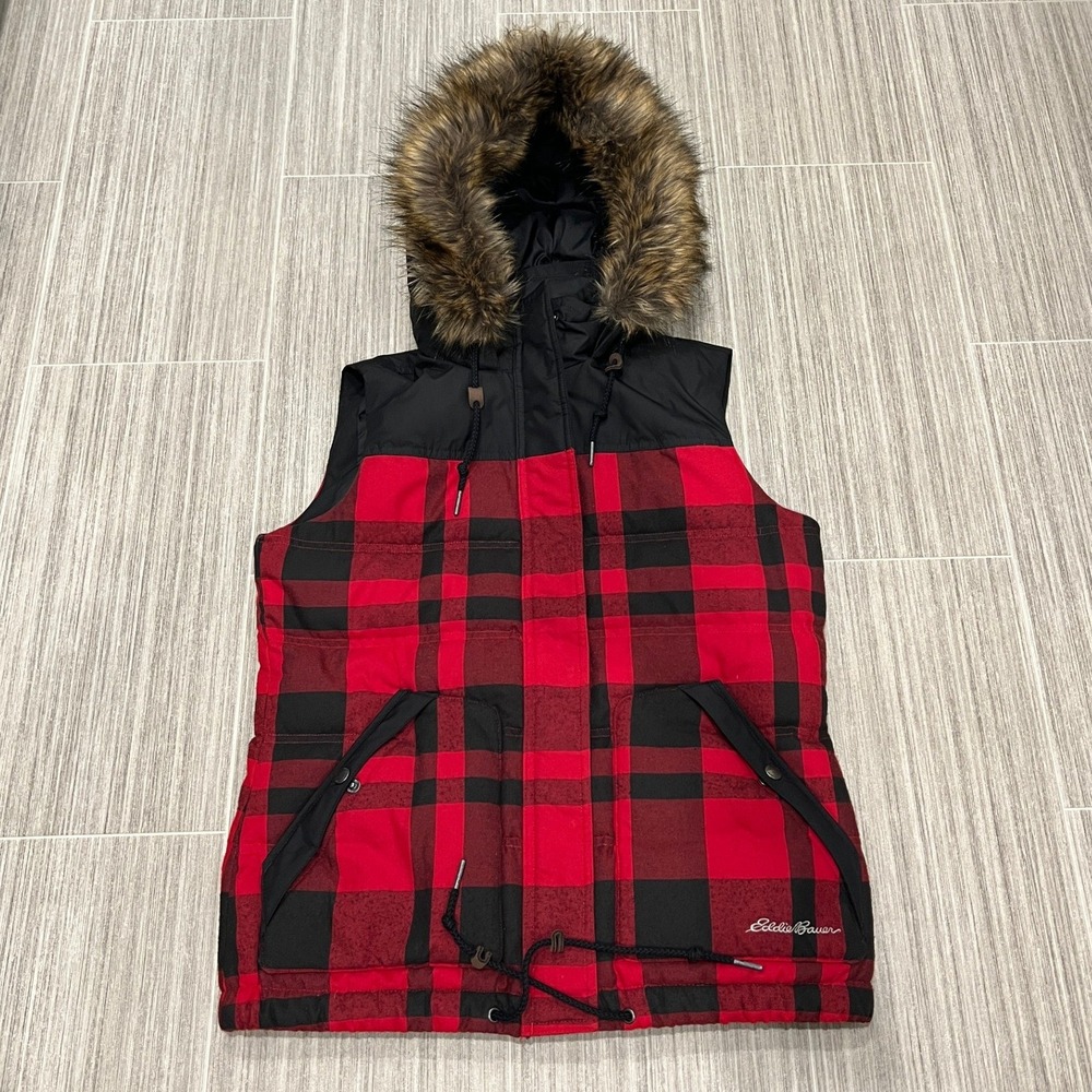 Eddie Bauer Down Vest Womens M Buffalo Plaid Hooded Fur Trim‎ Red Black Outdoors